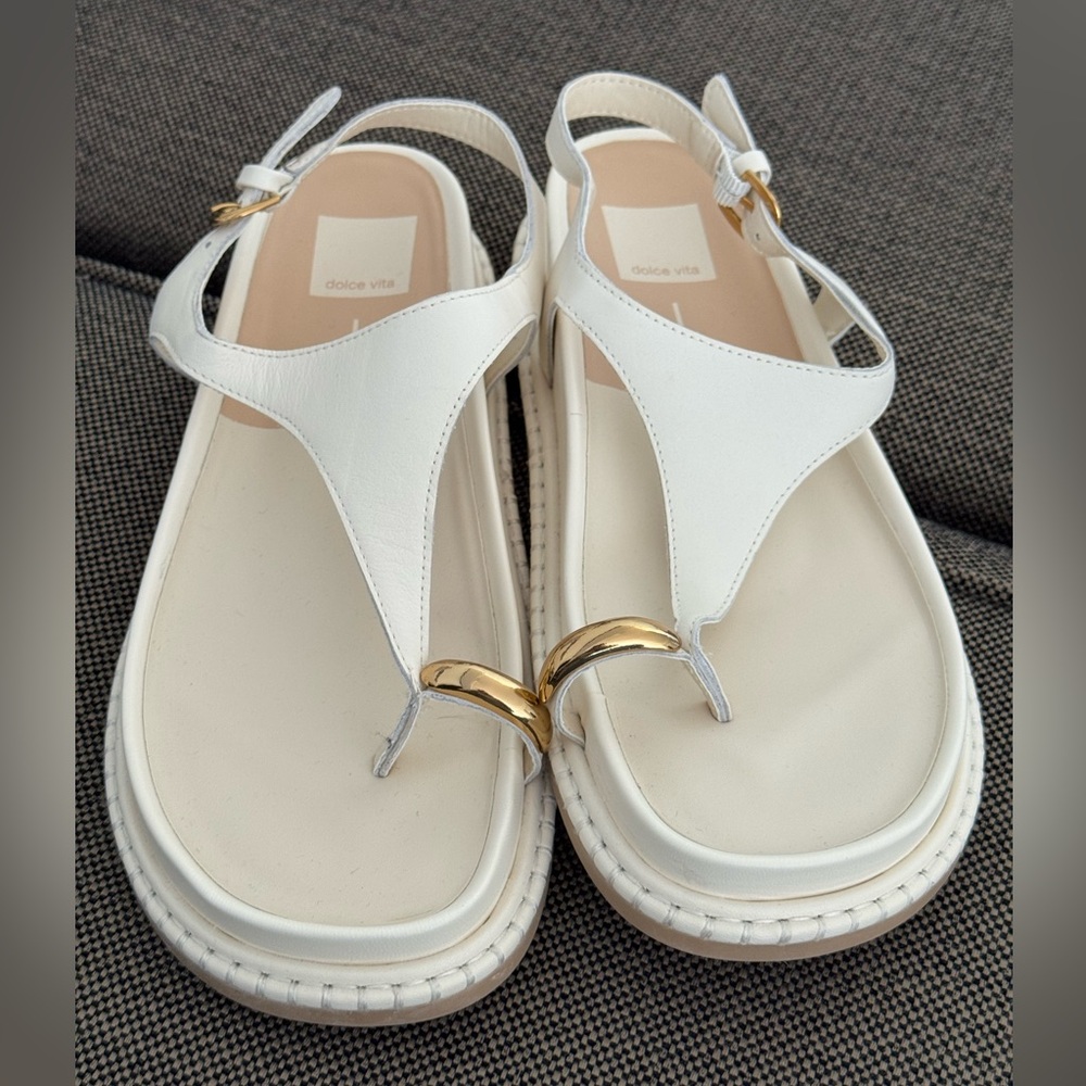 Dolce Vita White T-Strap Sandals with Gold Accent